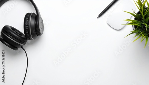 Black headphones, pen, mouse, and plant on white desk