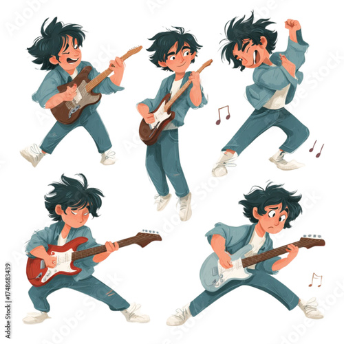 Character design set of a young male guitarist in various poses.