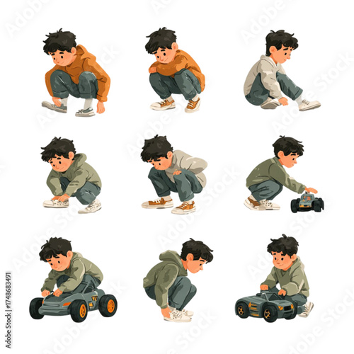 Set of illustrations of a young boy in various poses playing with a toy car.