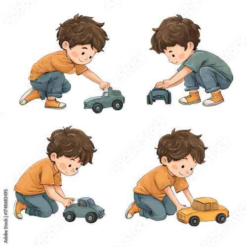 Set of cute illustrations of a little boy playing with toy cars.