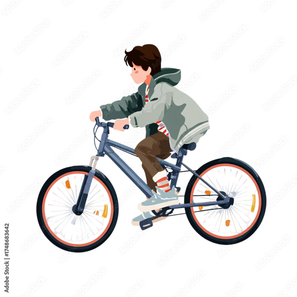 Naklejka premium Young boy in a green hooded jacket riding a blue bicycle.
