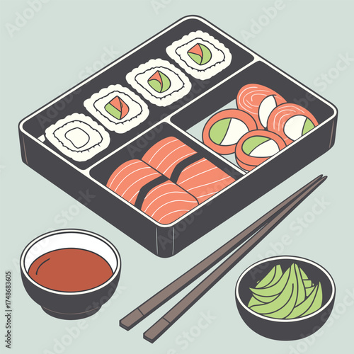 Bento box with salmon nigiri and sushi rolls and ginger