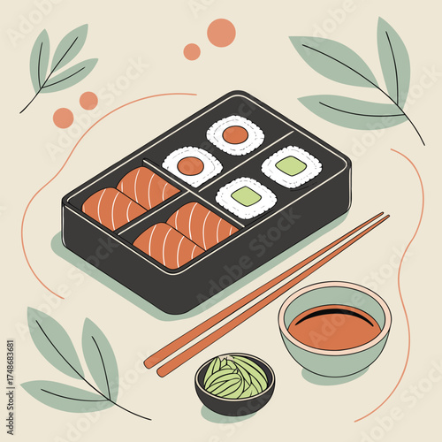 Bento box with salmon nigiri and sushi rolls maki