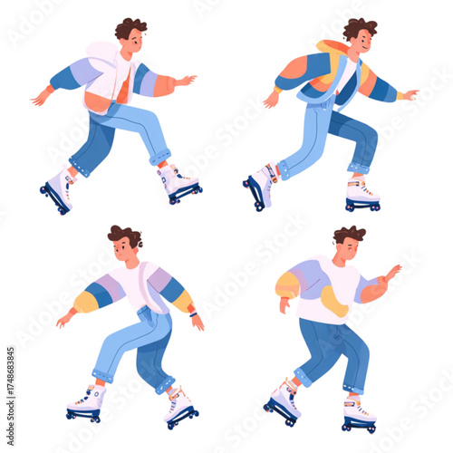 Set of four illustrations of a young man roller skating in retro style.