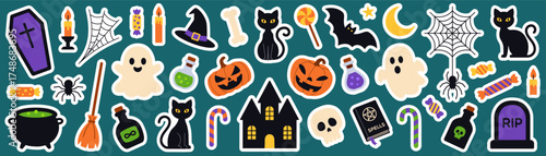 Cute Halloween stickers: ghosts, pumpkins, black cats, potions, bat, spider webs, creepy elements. For scrapbooking, decoration, crafts, printable, party design projects. Flat vector set. Hand drawn.