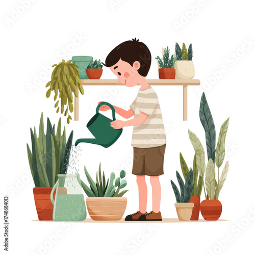 Young boy with a watering can tending to his indoor plants.