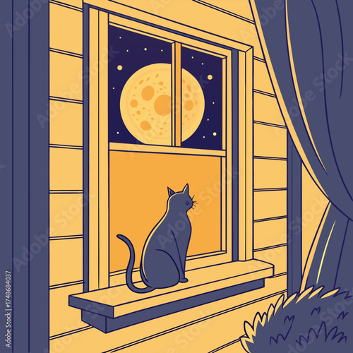 Black cat sits on windowsill looking at full moon animal