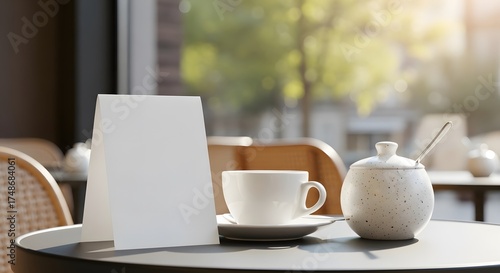 Empty Table with Tea Cup Sugar Bowl and White Card in Sunny Cafe