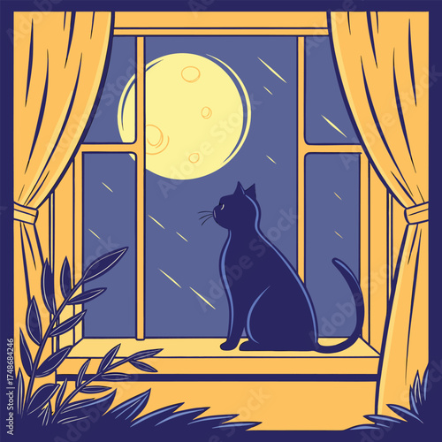 Black cat sitting on a windowsill looking at the full moon at night