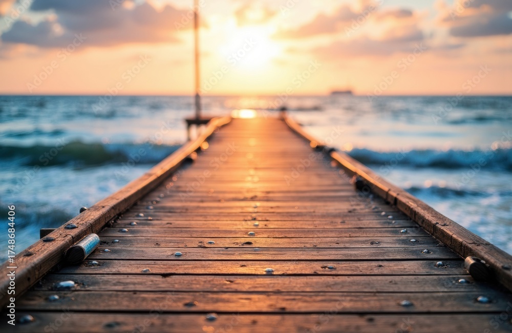 Fototapeta premium Sunset over a wooden pier extending into the ocean with waves and a colorful sky