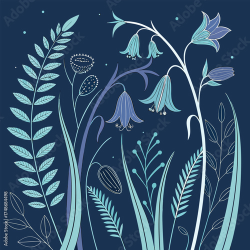 Bluebell Flowers and Ferns on Dark Background bellflower