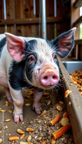 A multicolored pig enjoys a meal from a trough in a rustic farm pen, healthy, colorful, livestock