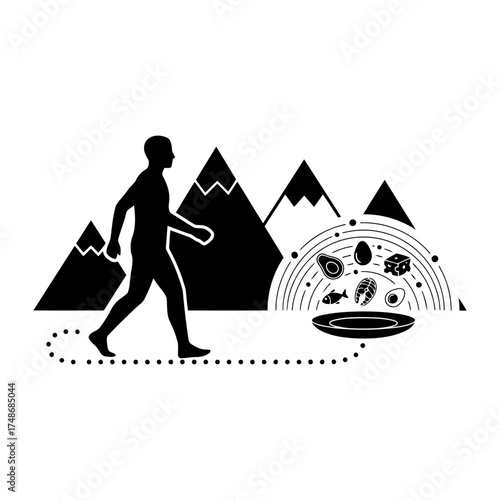 Weight loss diets vector art of man walking in nature icon, health and wellness