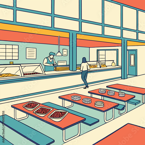 Cafeteria serving line with customers and food display