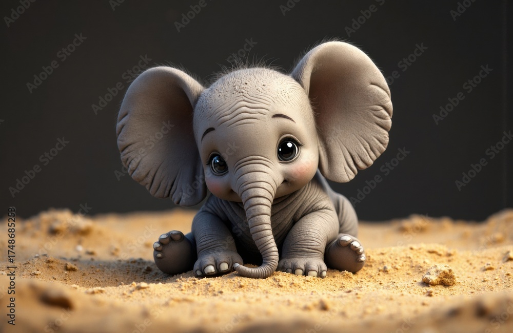 Fototapeta premium Cute baby elephant sitting on sandy ground with a dark background