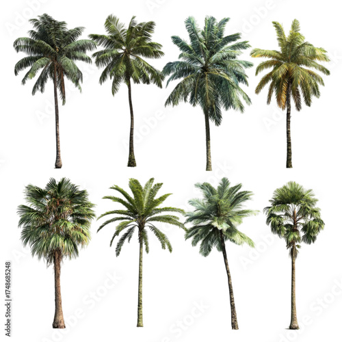 A diverse collection of eight isolated tropical palm trees.