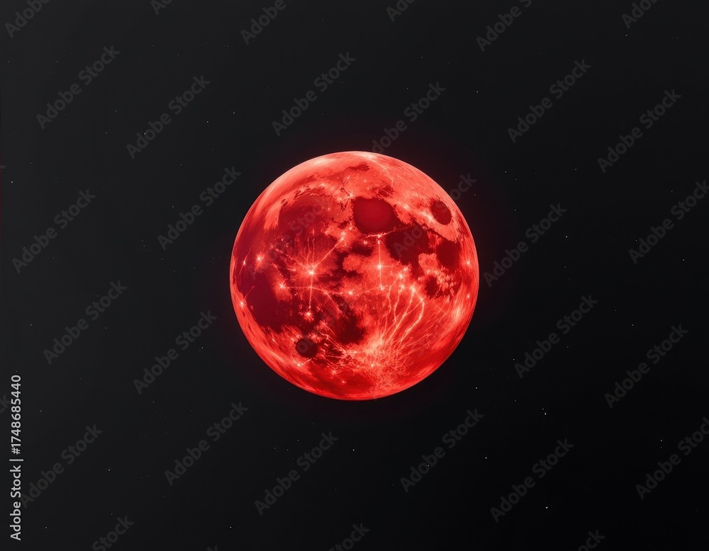 Naklejka premium Isolated red moon in dark space, celestial phenomenon, vibrant crimson hue, mystical atmosphere, stars, beautiful, dramatic