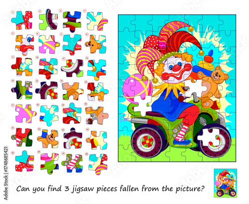 Game find and search. Can you find the three jigsaw pieces fallen from the picture? Logic puzzle game for children and adults. Flat hand drawn vector. Page for kids brain teaser book.