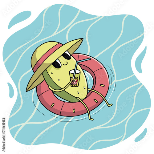 Cartoon pickle character relaxing in a pool with a drink