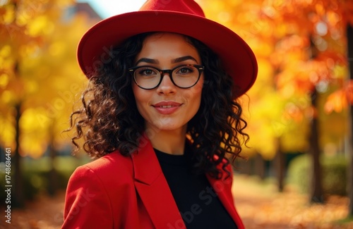 Woman wearing red hat and blazer smiling outdoors in autumn setting