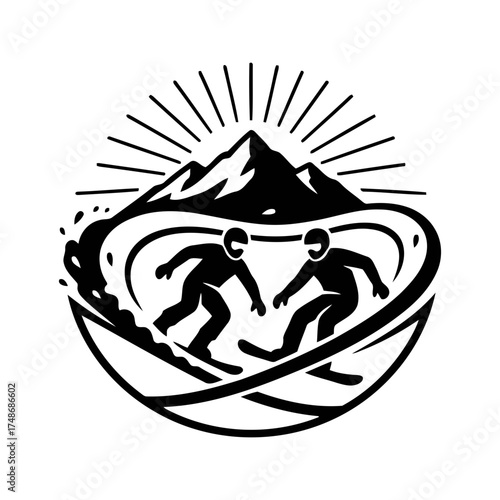 Winter snow activities vector art of skiers enjoying a sunny day on the slopes in silhouette