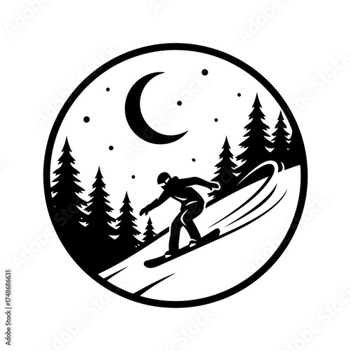 Winter snow activities vector art of snowboarder riding down mountain slope with moon and tree