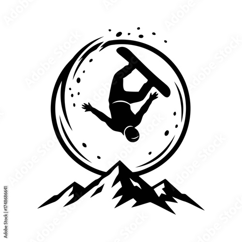 Winter snow activities vector art of snowboarder doing backflip over mountain in silhouette