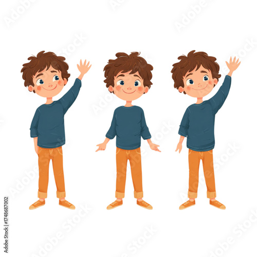 Cartoon character of a little boy in three different poses waving hello.