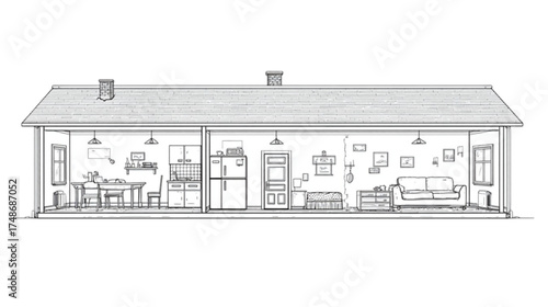 Architectural cross section sketch of a single story house interior.