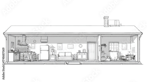 Detailed Architectural Cross Section of a Residential House Interior.