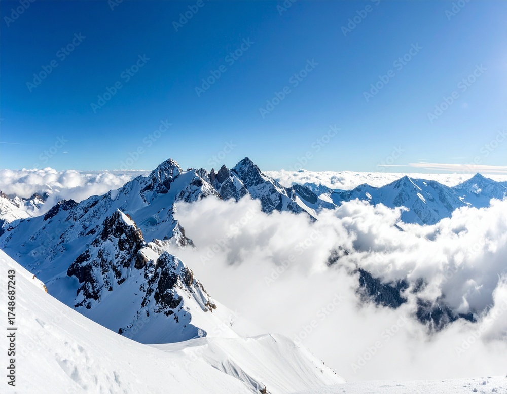 Fototapeta premium Snowy mountain peaks under a clear blue sky