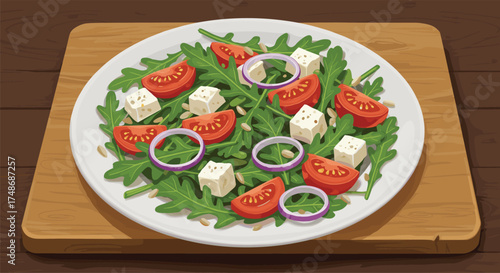 Fresh arugula salad with tomato, onion, feta cheese, pine nuts on white plate, healthy vegetarian dish, rustic food presentation