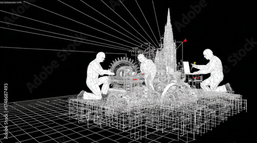 Three engineers collaborating on a complex wireframe machine design.