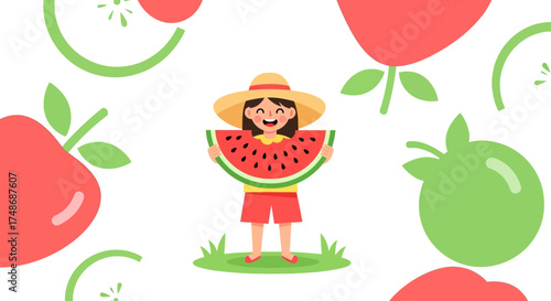 Watermelon Girl Enjoying Snack Time With Cute Summer Fruits and Happiness Illustration