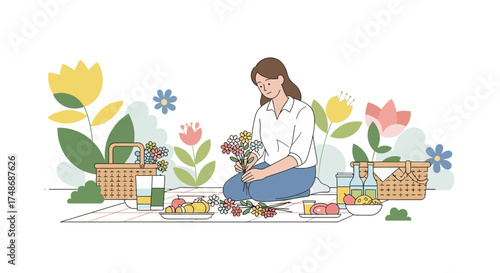 Woman Arranging Flowers For A Pleasant Picnic Amidst Colorful Floral Scenery