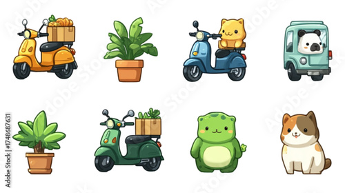 Cute cartoon sticker set with animals vehicles and plants.
