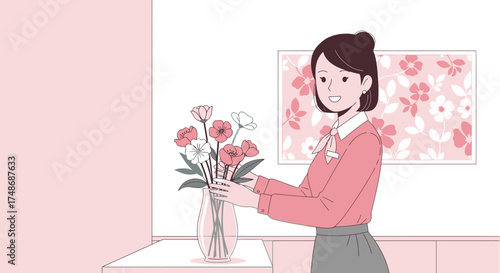 Woman arranging flowers in a vase at home creating a cozy interior illustration