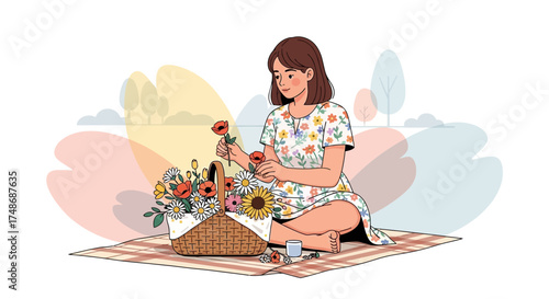 Woman Arranging Flowers In A Basket During A Sunny Afternoon Picnic Moment