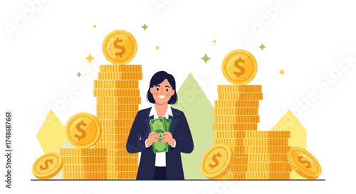 Wealthy Businesswoman Surrounded with Gold Coins, Symbolizing Financial Prosperity Wealth