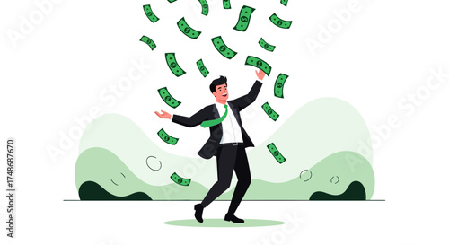 Wealthy Person Celebrating Under Sky Of Falling Money Representing Financial Success