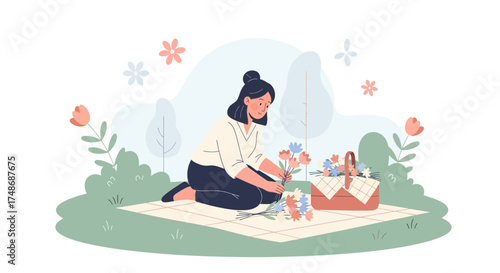 Woman Arranging Flowers on a Picnic Blanket in a Park with a Basket and Floral Elements