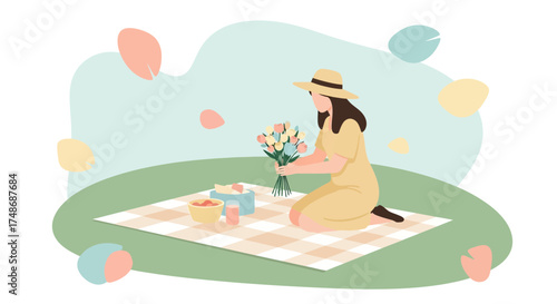 Woman Arranging Flowers Outdoors During Picnic In Sunny Day And Peaceful Scene