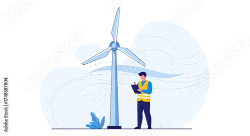 Wind energy engineer analyzing a wind turbine and preparing to record information for sustainable energy