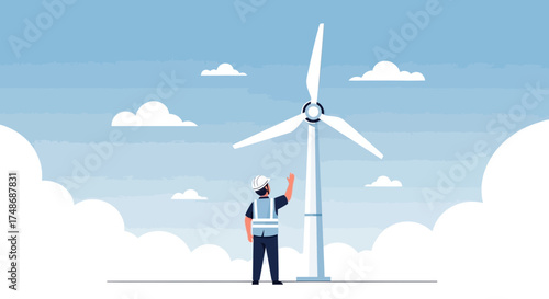Wind turbine engineer working on the wind energy park with a blue sky background