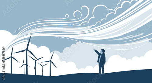 Wind Turbines and Man Pointing Upwards Depicting Renewable Energy and Future Concept
