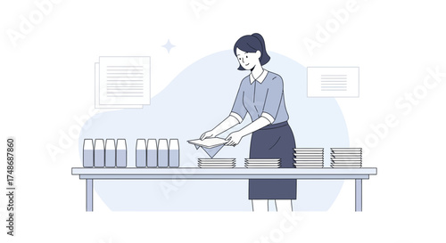 Woman Arranging Plates and Drinks Cartoon Illustration on a Serving Table