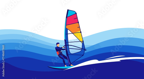 Windsurfer enjoying the waves depicting a watersport and exciting summertime leisure activity