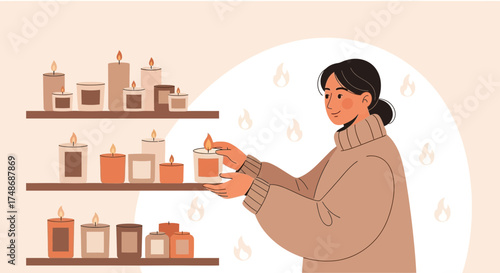 Woman Arranging Scented Candles On Shelves, Creating Relaxing, Serene Ambiance at Home