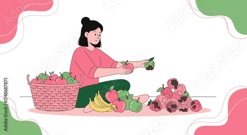 Woman Arranging Plump Fruits Apples Bananas in an Artistic Illustration Scene