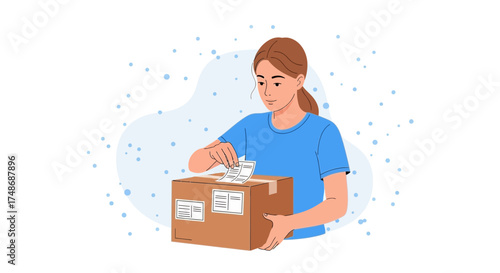 Woman Arranging Shipping Labels on a Cardboard Box for Package Delivery with Illustration